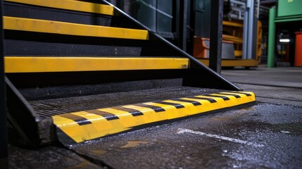 High-visibility safety tape marking stair edges in plant