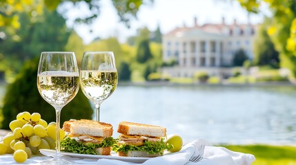 Rustic Picnic by the Lake: Sandwiches, Grapes, and White Wine