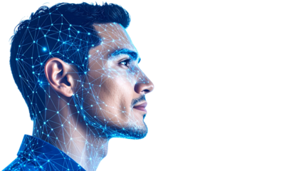 A holographic 3D representation of a human face in profile isolated on transparent Bg