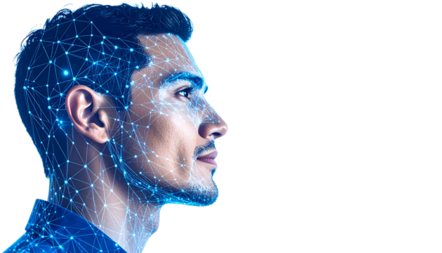 A holographic 3D representation of a human face in profile isolated on transparent Bg