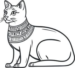 Line art illustration of an ancient Egyptian cat sitting adorned with a decorative collar featuring hieroglyphs.