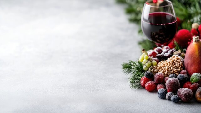 Glass of red wine served with fresh fruits, nuts, and Christmas decorations on a light grey background with copy space.