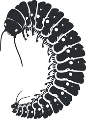 Black and white silhouette of a curled millipede showing multiple legs and antennae in detail