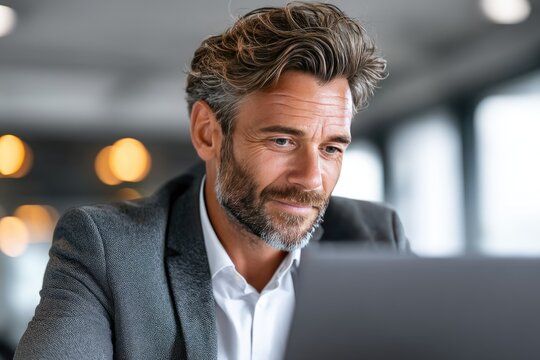 Focused mature man intently reviewing digital data.