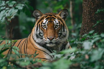 Obraz premium A tiger resting in the dense forest