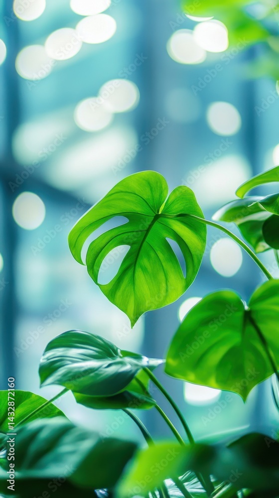 Poster vibrant monstera leaf in a serene indoor setting with soft bokeh background creating a calming and r
