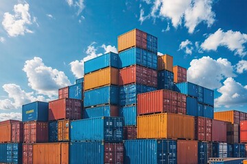 Fototapeta premium Colorful Shipping Boxes Under Clear Blue Sky Symbolizing Global Freight Logistics and International Trade