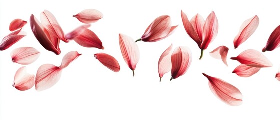 Fototapeta premium Delicate magnolia petals falling gracefully against a pristine white background creating a serene and ethereal floral composition with soft light and airy feel