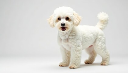 Fototapeta premium Fluffy white toy poodle standing on clean white background, dog, pet, animal