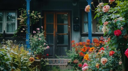 Cozy home with flowers blooming in front yard