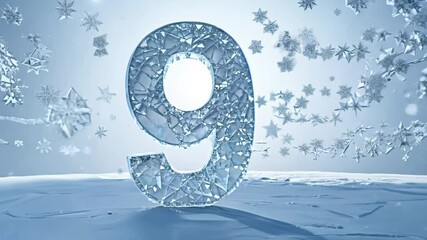 the camera dollies in to a "9" made of ice crystals, snowflakes fall