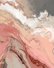 Naklejka premium Abstract art with fluid acrylic paint pouring in coral pink white gray and tan colors creating a marble effect artistic background with organic swirls