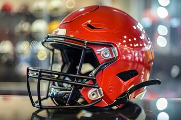 Fototapeta premium A close-up of a red football helmet with a black facemask, showcasing its safety features, Convey the sense of safety and security provided by a football helmet