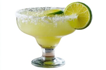 Refreshing margarita cocktail with lime slice and salt rim on white background enhancing a summer vacation mood and capturing a vibrant beverage in a studio shot