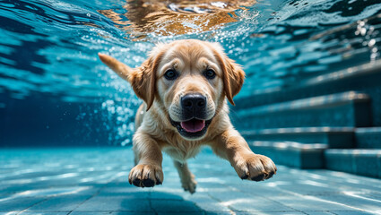 Golden retriever puppy swimming underwater in a pool