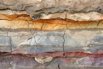 Close-up image of compacted sand layers revealing the passage of topaz, indicating past mining activity, Layers of compacted sand revealing the passage of time through their distinct bands of color