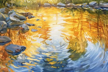 A watercolor painting depicting shimmering golden reflections in a stream, surrounded by rocks, Shimmering reflections of golden hues