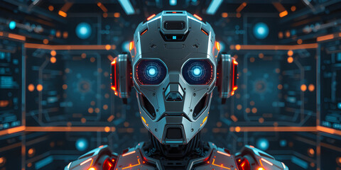 Artificial intelligence technology computer aided manufacturing, future industry machine learning digital technology, 3D robot metaverse futuristic GUI graphics interface cyber space background.