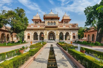 Fototapeta premium A symmetrical view of the City Palace in Jaipur, India, showcasing the ornate courtyard and grand entrance, Historic palaces with ornate courtyards and towering gates