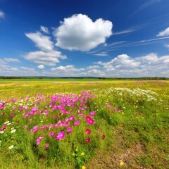 Fototapeta premium Vibrant cosmos flowers blooming in a colorful meadow under a sunny sky with fluffy clouds capturing the beauty of nature in a wide angle landscape