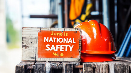 Banner for National Safety Month with safety hardhat, gloves, and tools