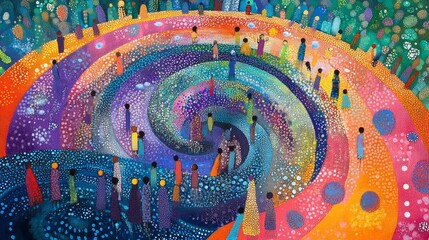 Fototapeta na wymiar Colorful abstract painting shows people in a spiral pattern.