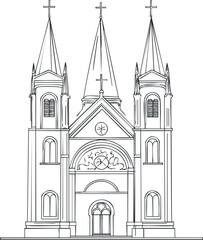 Black and white line drawing of a church with three spires and crosses on top, showing religious architecture.