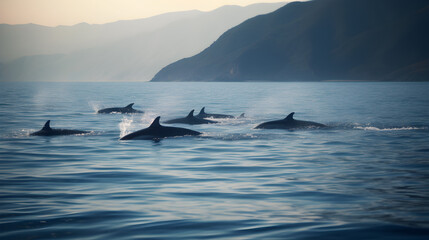 Fototapeta premium A group of dolphins swimming in the ocean with mountains in the background.