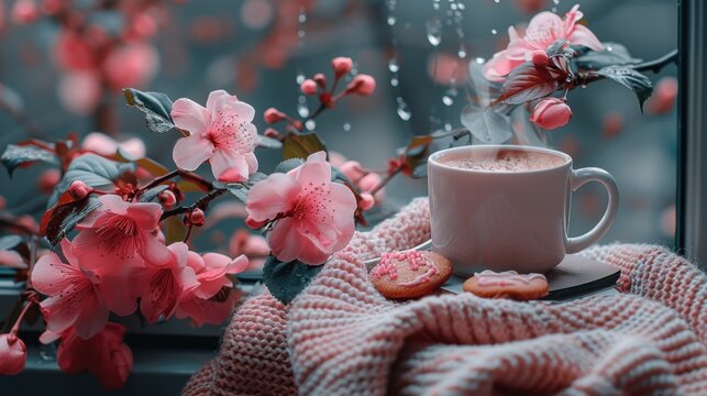 A steaming cup of cappuccino on a wooden windowsill, next to an open book and a plate of homemade cookies. Outside the window, early spring nature awakens