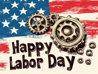 Inscription "Happy Labor Day" on American flag background with gears and nuts