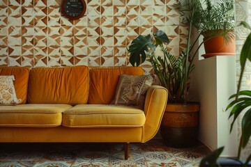 A retro-styled living room featuring a mustard yellow sofa and geometric patterned tile floor, A vintage-inspired design featuring retro patterns and textures