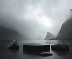 A black podium in the center of an epic landscape, with dark mountains and foggy skies, creating a mysterious atmosphere for product display or advertising design. The background features a gray color