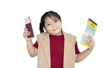 Girl holding passport, airplane ticket and map on isolated background