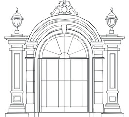 Black and white line drawing of an ornate arched doorway with columns and lanterns on each side