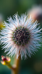 Stunning Macro Close-Up of a Dandelion Seed Head: Delicate White Pappus and Dark Seeds Ready for Dispersal, Set Against a Soft Green Background with a Budding Flower in the Foreground