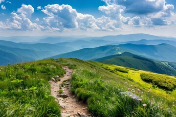 Fototapeta premium A scenic path winds through a green valley with panoramic mountain views under a bright blue sky, A peaceful mountain landscape with a winding trail leading into the distance