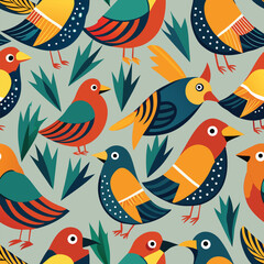 Cute cartoon birds and flowers vector pattern