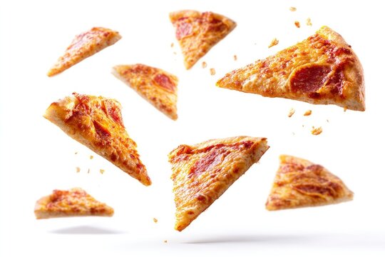 Pizza Slices Falling on White Background
