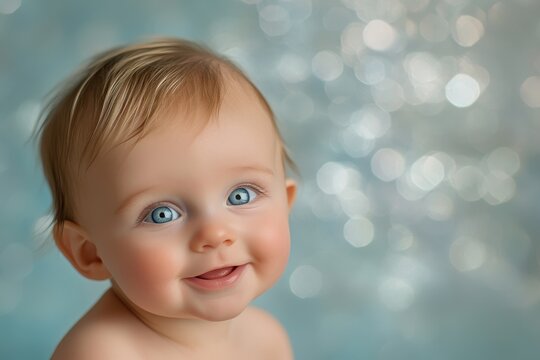 Cute baby with blond hair and blue eyes smiles at the camera. Perfect for baby announcements or child related advertisements. - Powered by Adobe