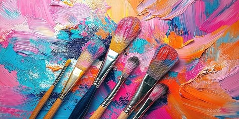 Obraz premium Several brushes stained with colored paint are placed on the textured surface against a background of heavily painted pink, orange, blue, and yellow strokes.