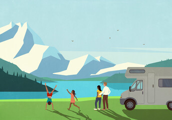 Carefree multiethnic family on vacation, standing outside camper and enjoying scenic mountain lake
