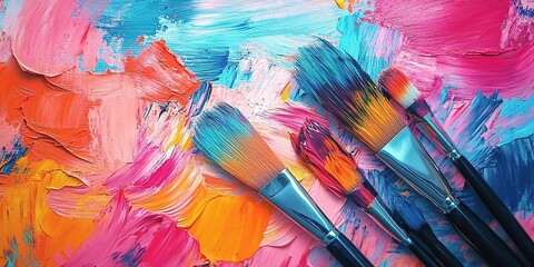 Fototapeta premium Several brushes stained with colored paint are placed on the textured surface against a background of heavily painted pink, orange, blue, and yellow strokes.