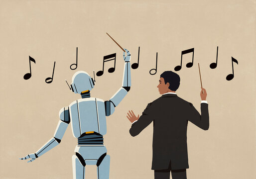 Orchestra conductor watching AI robot conduct music notes on beige background
