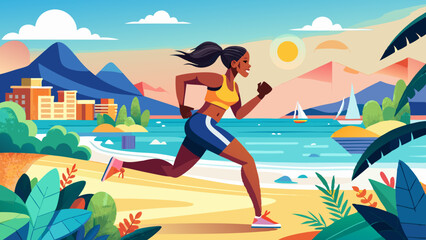 Fitness, active and black woman with running at beach for endurance challenge, cardio workout or marathon. Outdoor, speed and female athlete for physical exercise, performance or race in 