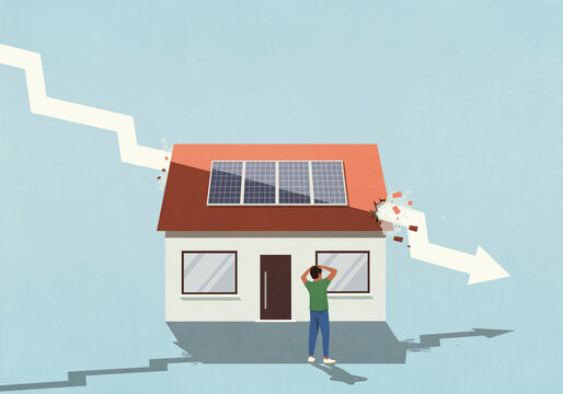 Surprised man watching descending arrow crashing through house with solar panel
