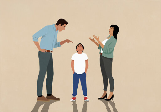 Angry parents yelling at boy with head back and hands in pockets
