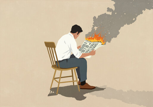 Businessman reading burning newspaper
