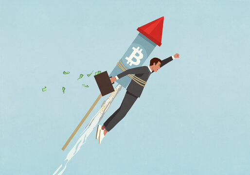 Ascending Bitcoin rocket strapped to back of excited businessman investor with money briefcase
