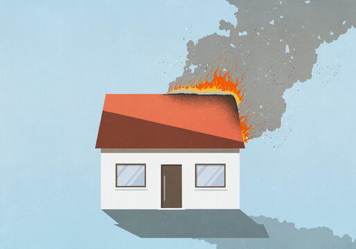 House burning on blue background
