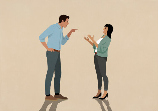 Angry couple arguing, yelling and pointing at each other
